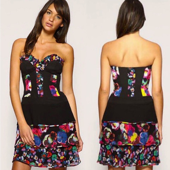 KAREN MILLEN BLACK FLORAL SILK CORSET DRESS SIZE 4 - Picture 1 of 13
